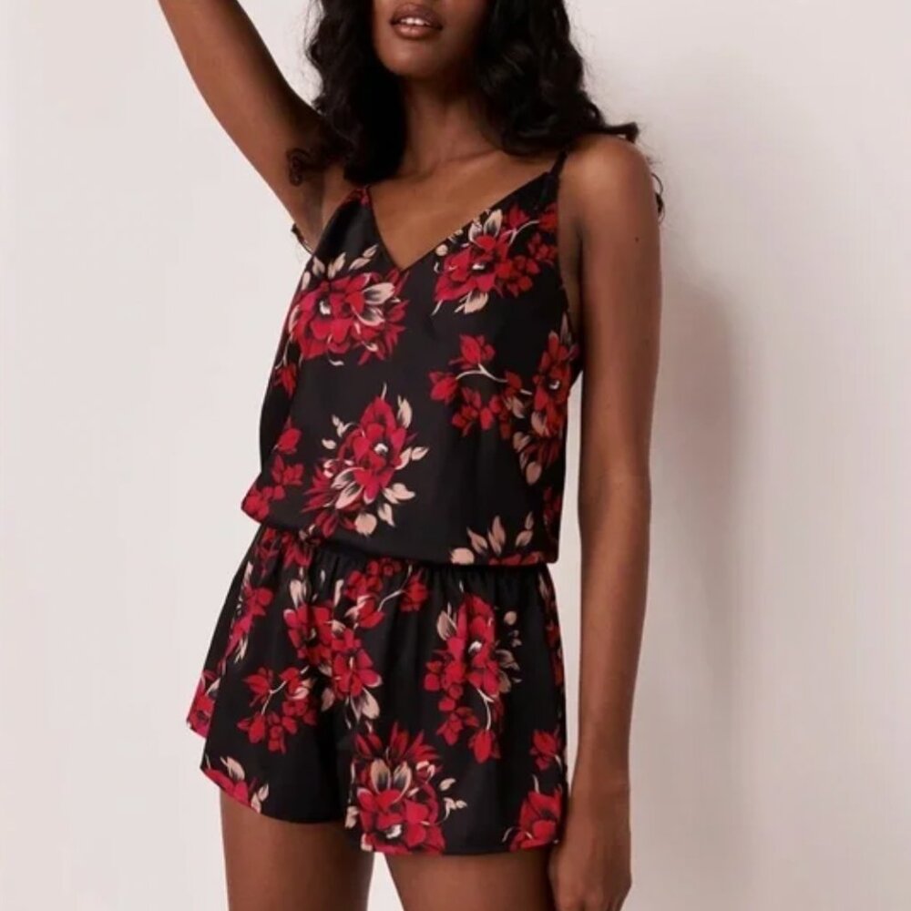 La Vie En Rose Satin Night Black & Red Floral Romper